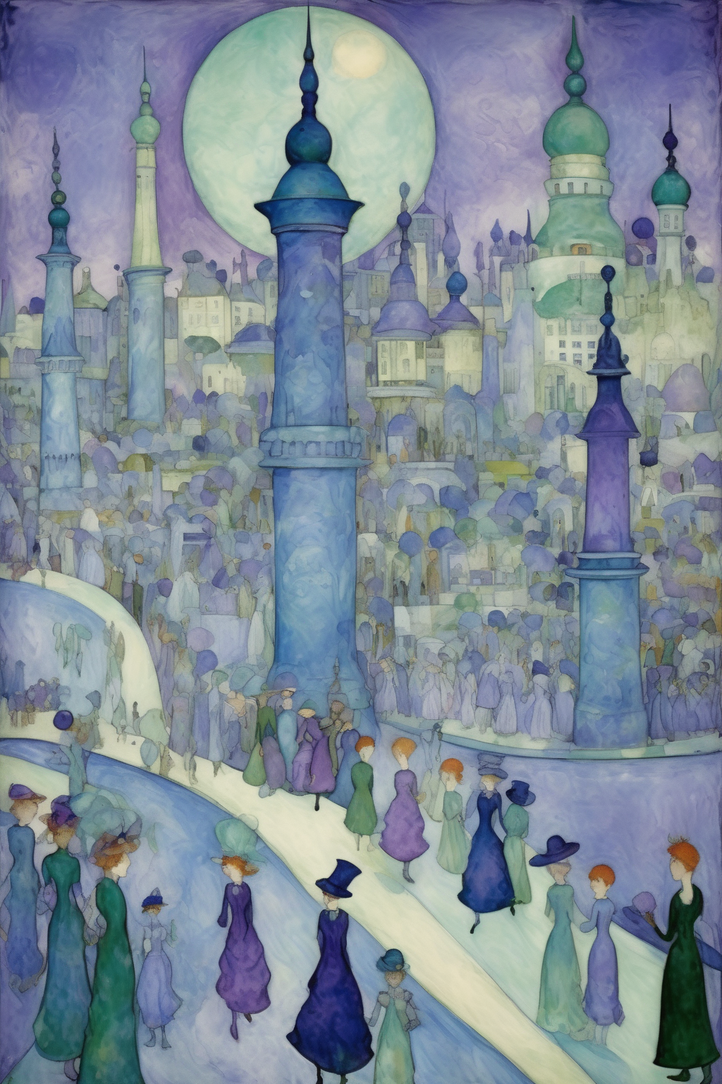 00291-578996579-_lora_Maurice Prendergast Style_1_Maurice Prendergast Style - a faraway view of a fantasy city of blue, green, and purple.png